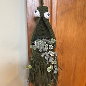 Green Crochet Hanging Planter with Eyes